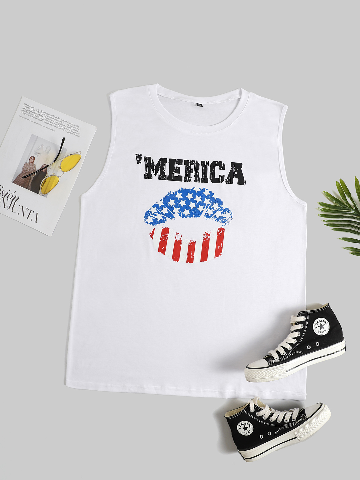 Plus Size Round Neck Letter Star Independence Day Tank Top