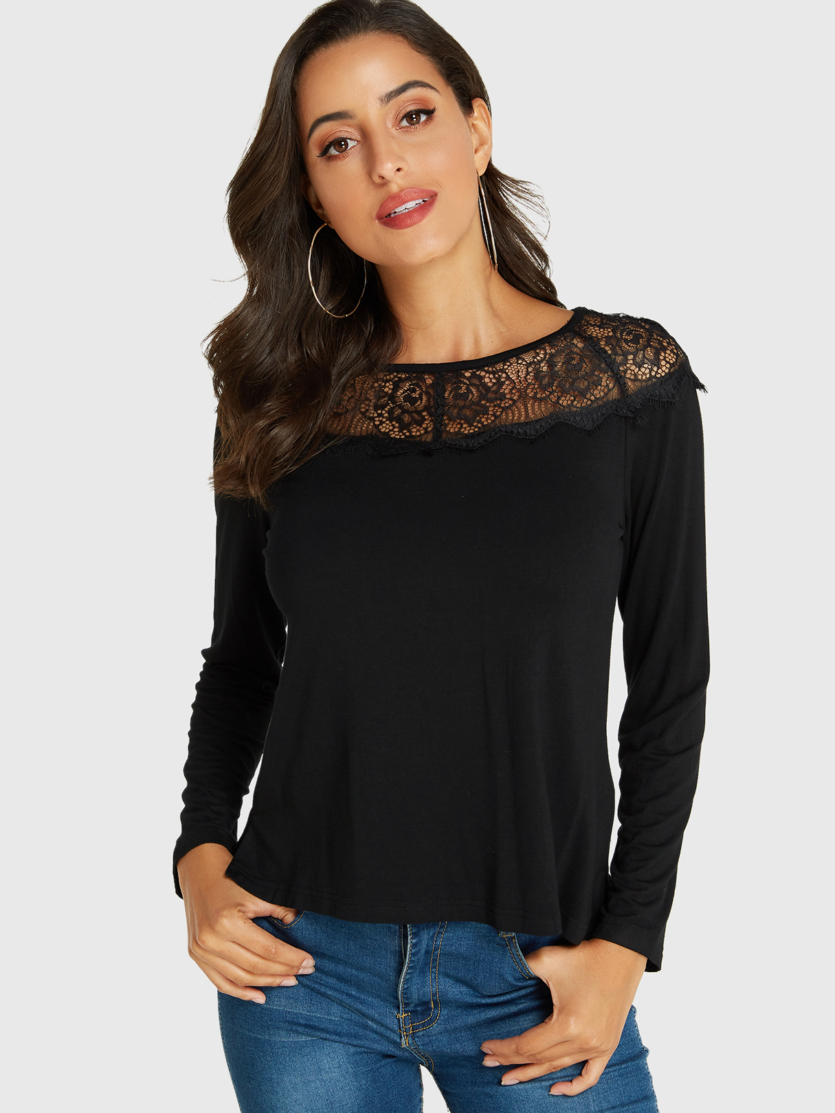 YOINS Black Lace Insert Round Neck Long Sleeves Skinny Tee