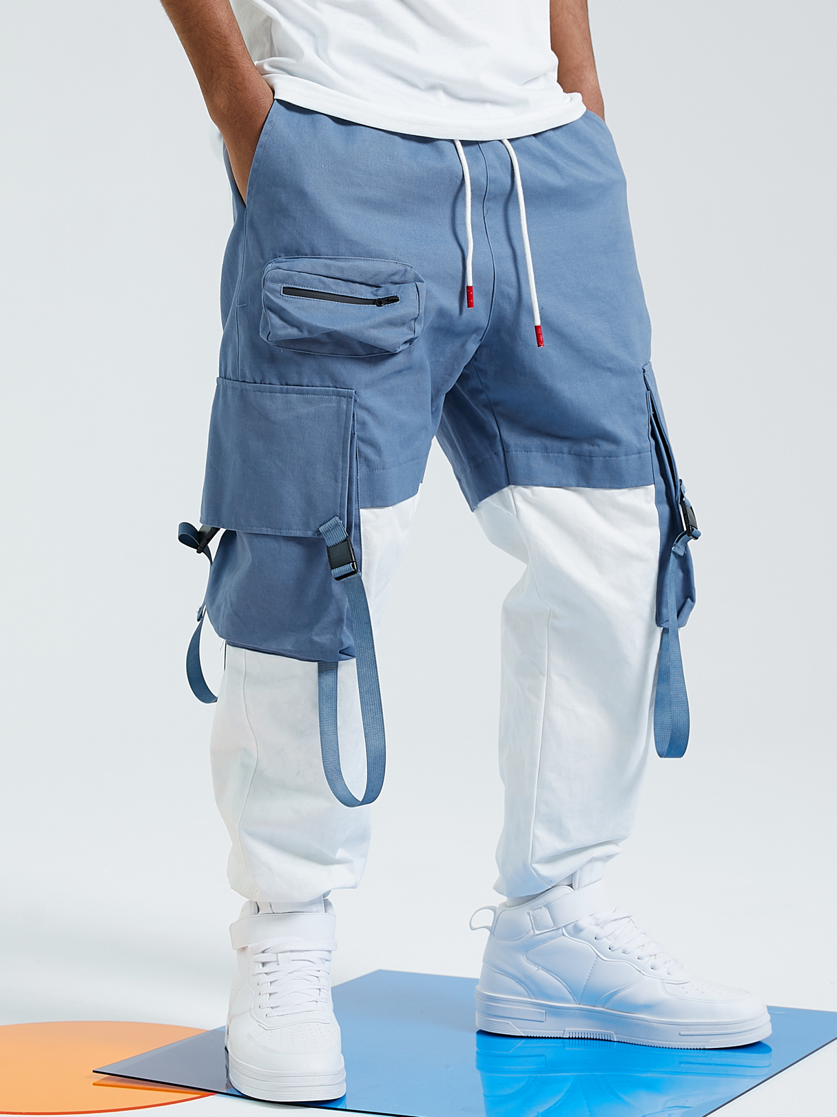 Men Fashion Color Block Splicing Drawstring Cargo Pants