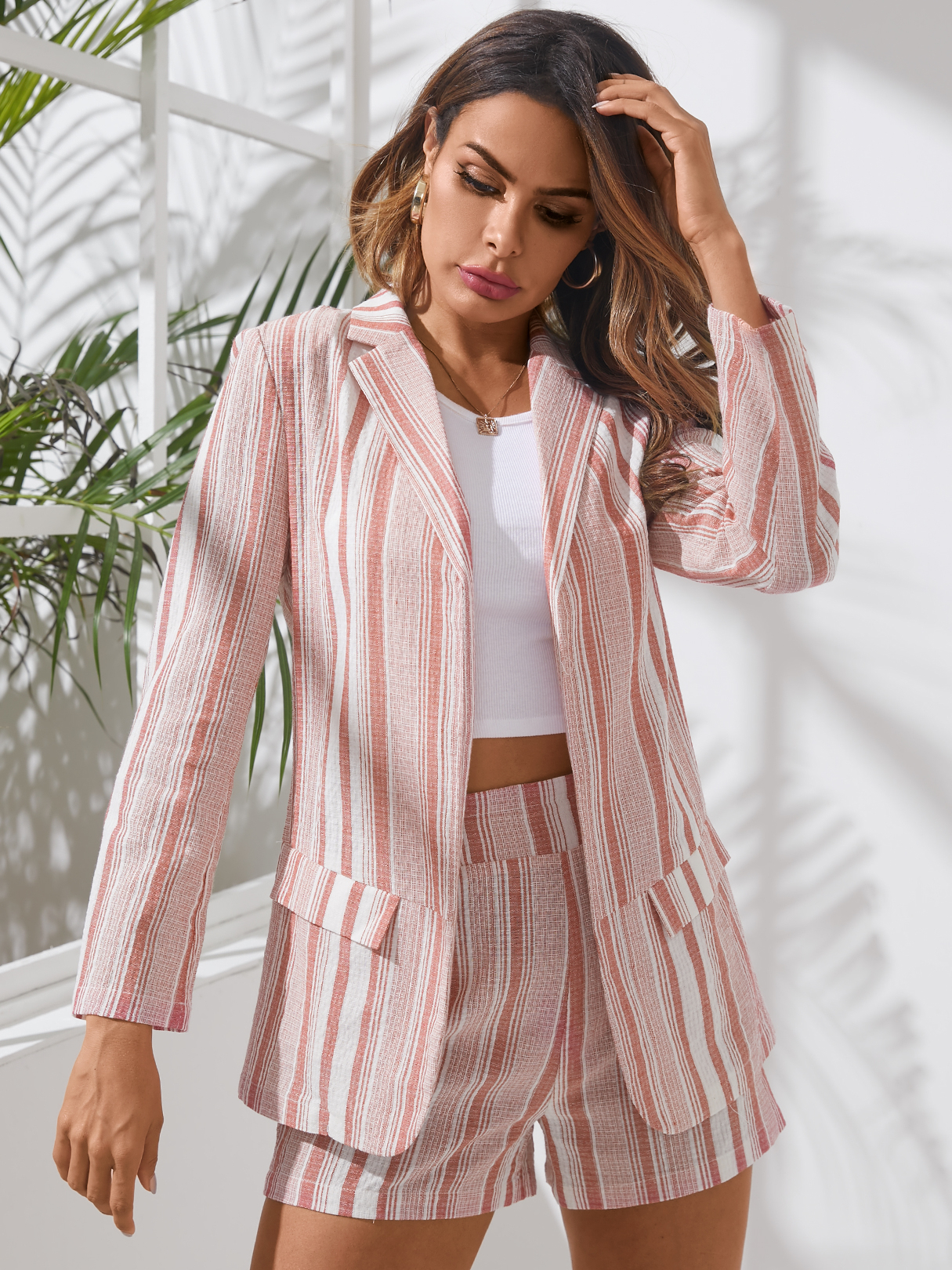 YOINS Pink Striped Lapel Collar Long Sleeves Two Piece Outfit