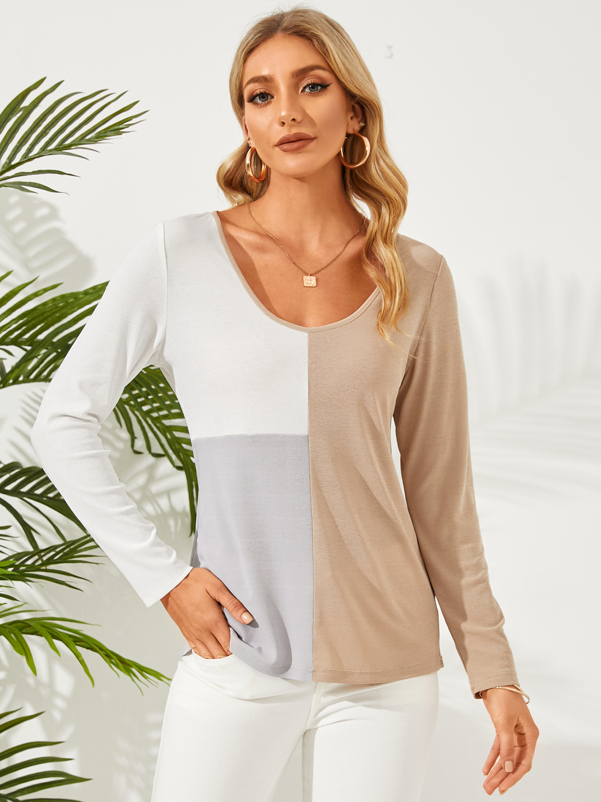 YOINS Colorblock Patchwork Round Neck Long Sleeves Tee