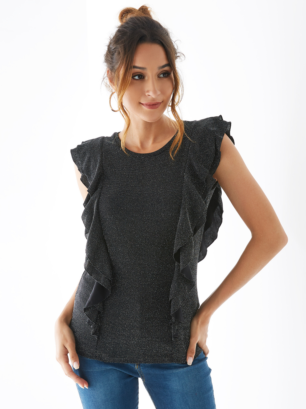 Black Glitter Gold Lurex Ruffle Tank Top
