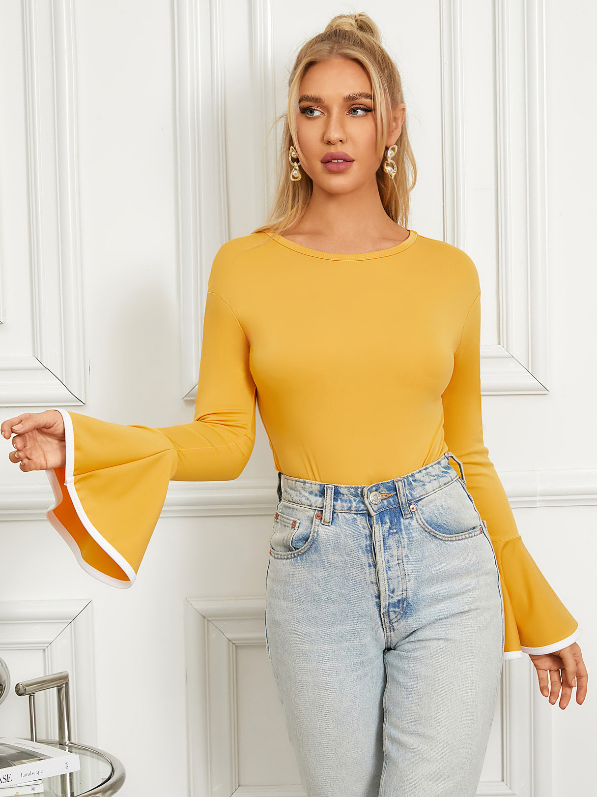 YOINS Bodycon Fit Round Neck Bell Sleeves Tee