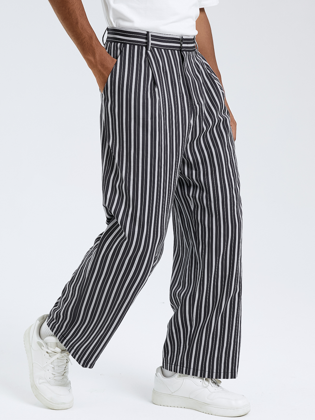 Men Vintage Striped Print High Waist Wide Leg Casual Pants