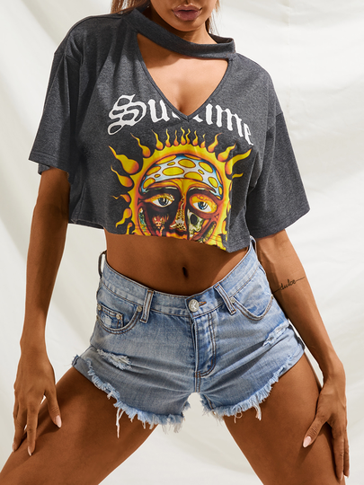 YOINS Grey Graphic Letter Choker Neck Short Sleeves Tee