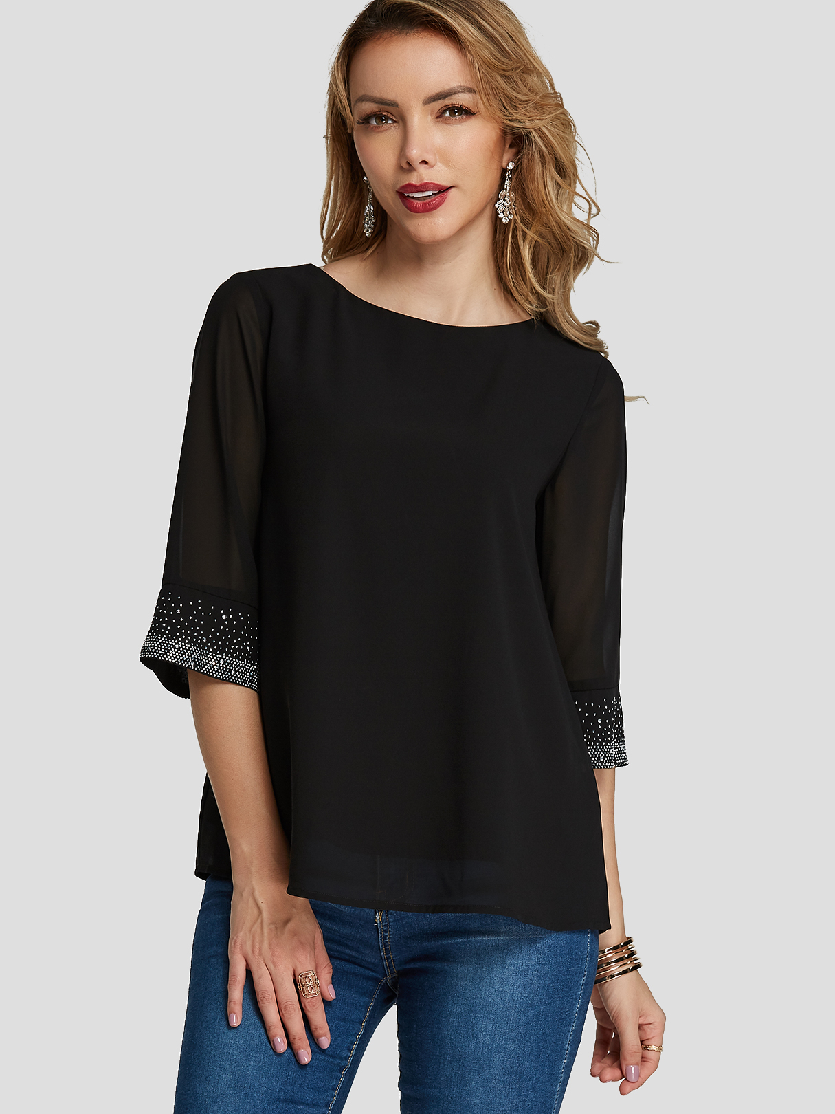 YOINS Black Sequins Embellished Sheer Round Neck Tee