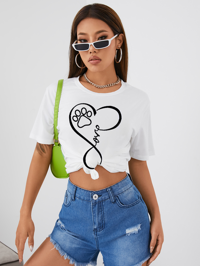 YOINS White Heart Footprint Crew Neck Short Sleeves Tee
