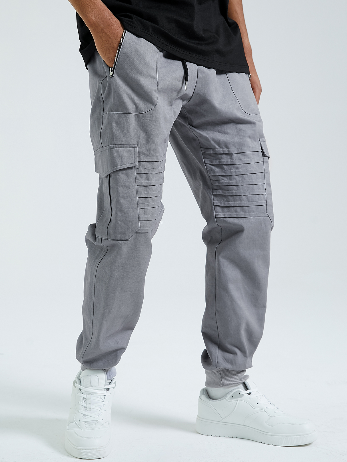 KOYYE Men Fashion Zipper Pocket Elastic Waist Cargo Pants