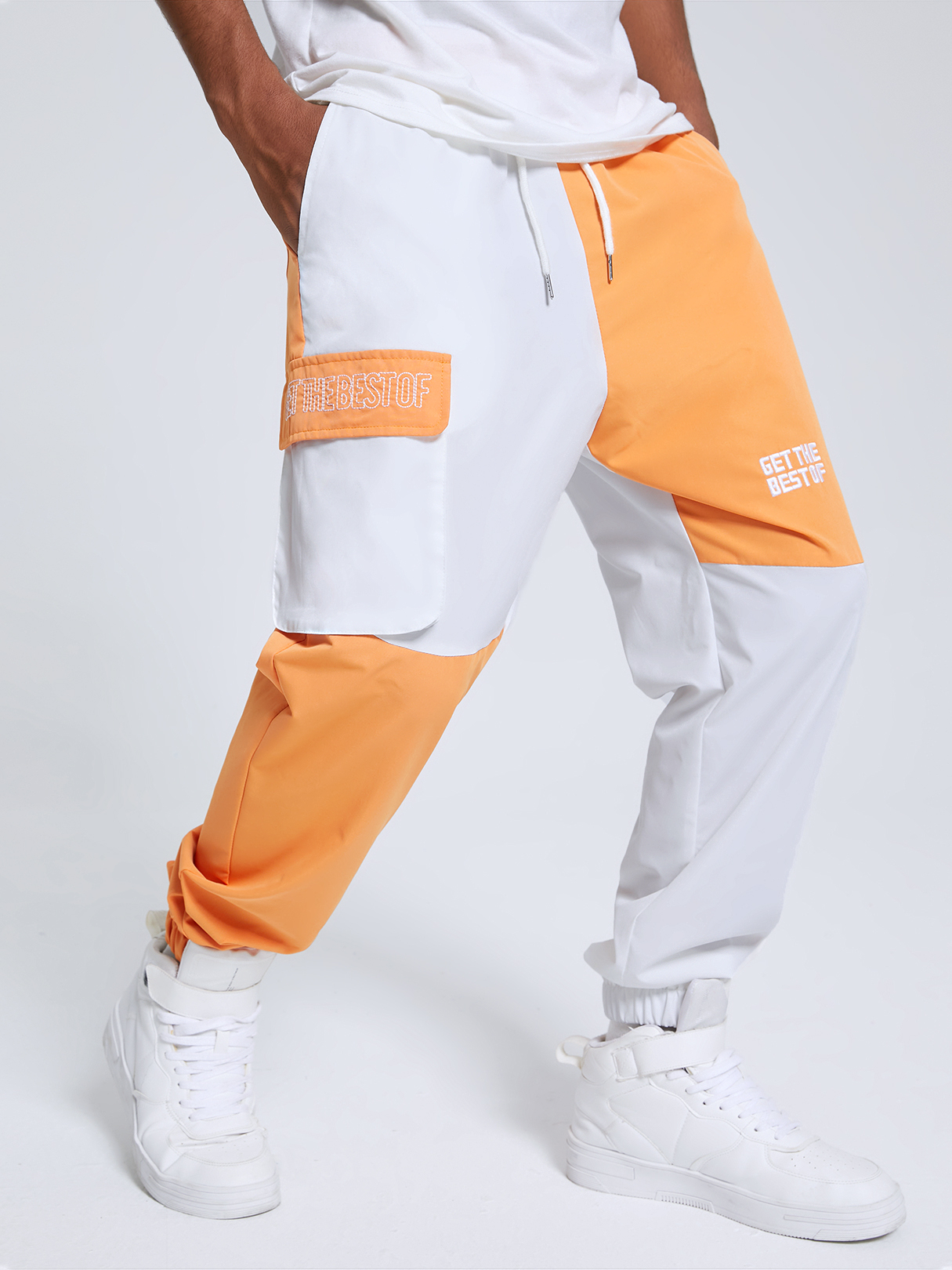 Men Color Block Drawstring Elastic Waist Cargo Pants