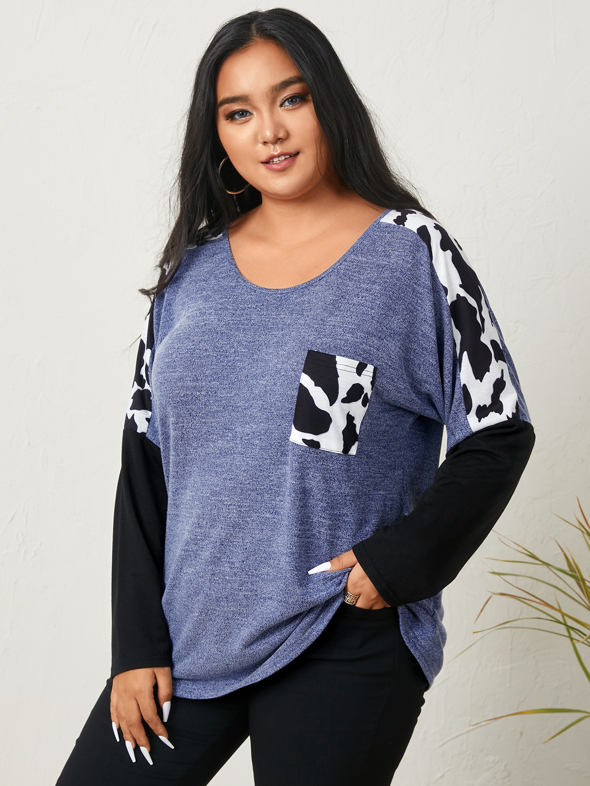 YOINS Plus Size Round Neck Patchwork Long Sleeves Tee