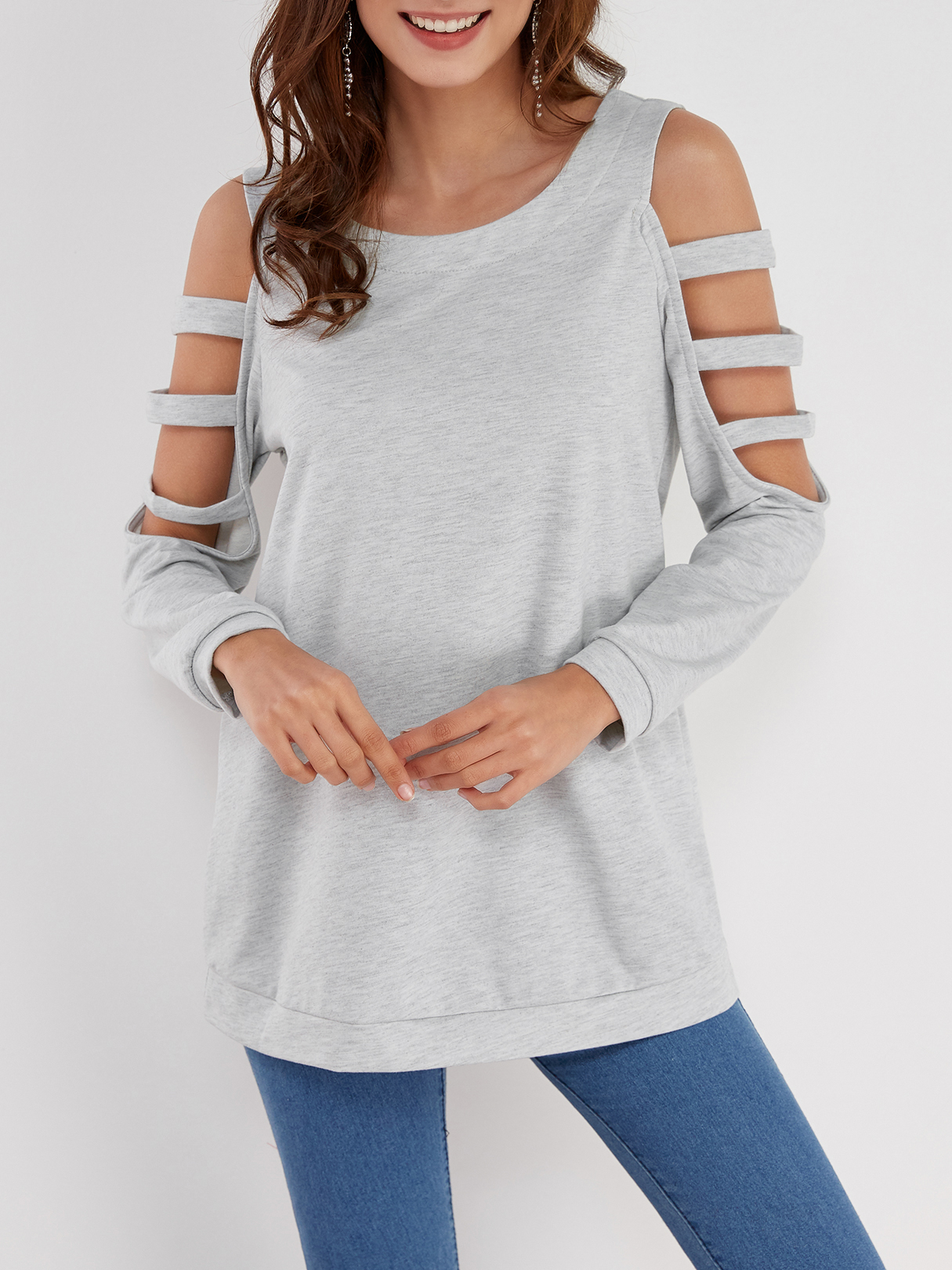 Light Grey Casual Round Neck Cold Shoulder Top