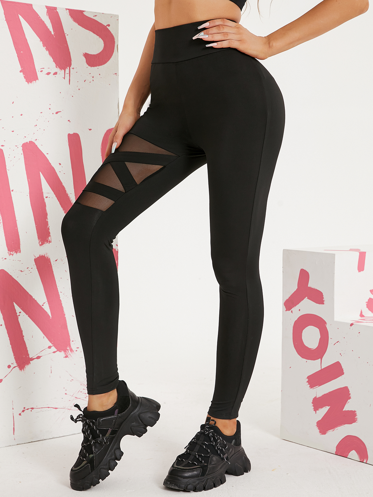 YOINS Black Mesh Criss-Cross High Waist Leggings