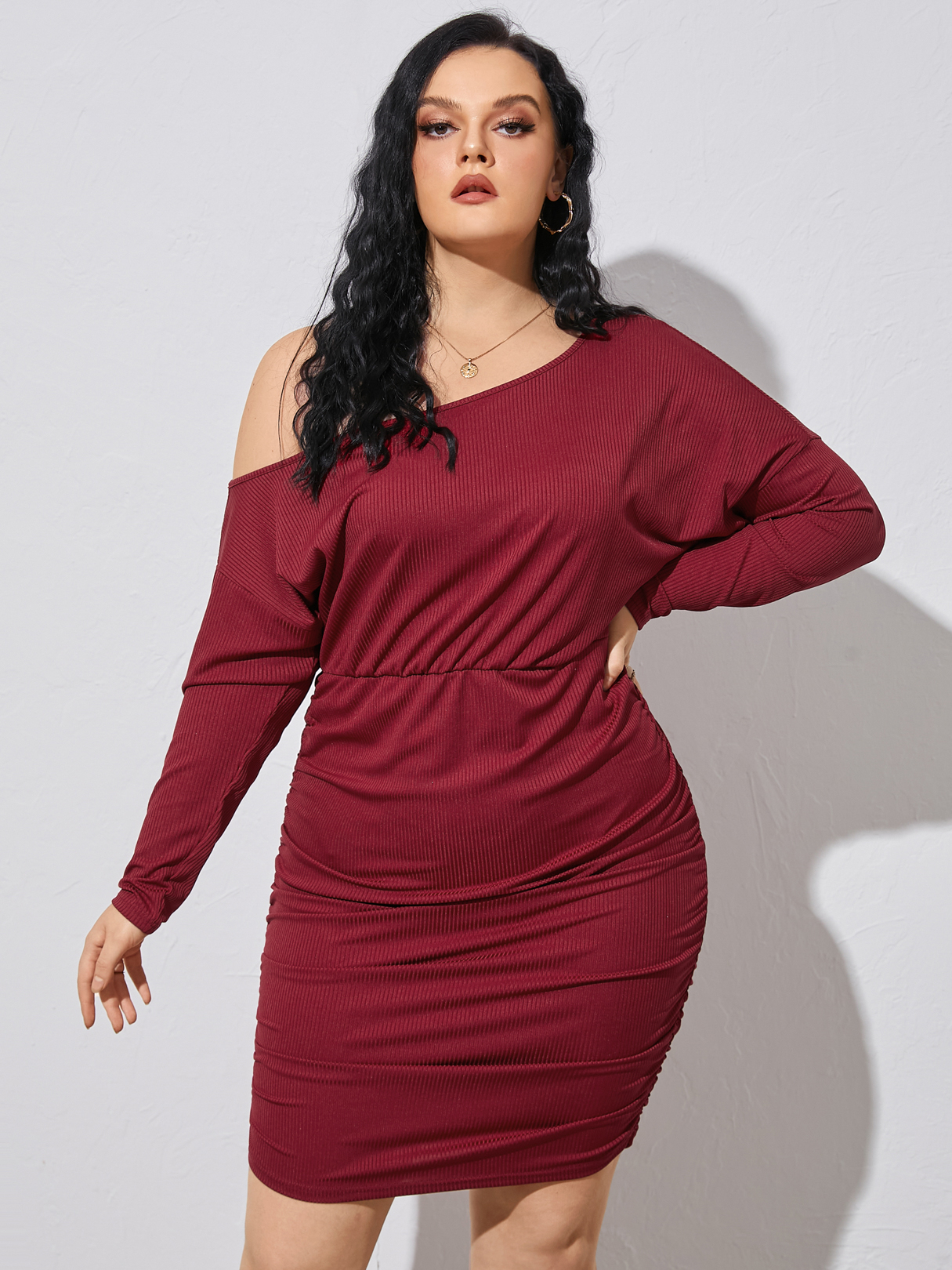 YOINS BASICS Plus Size One Shoulder Ruched Long Sleeves Dress