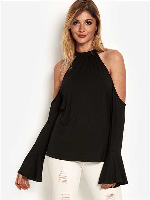 Black Cut Out Cold Shoulder Long Bell Sleeves Top