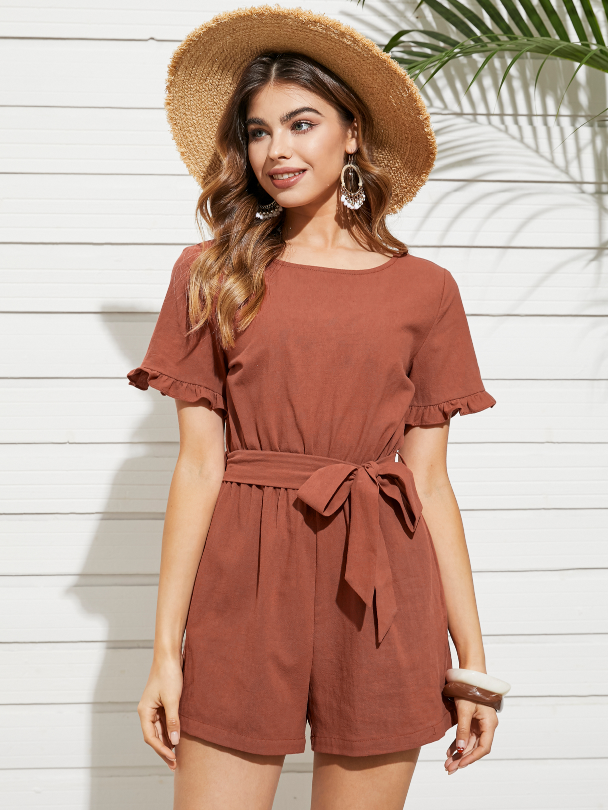 YOINS Orange Round Neck Belt Design Ruffle Sleeves Playsuits