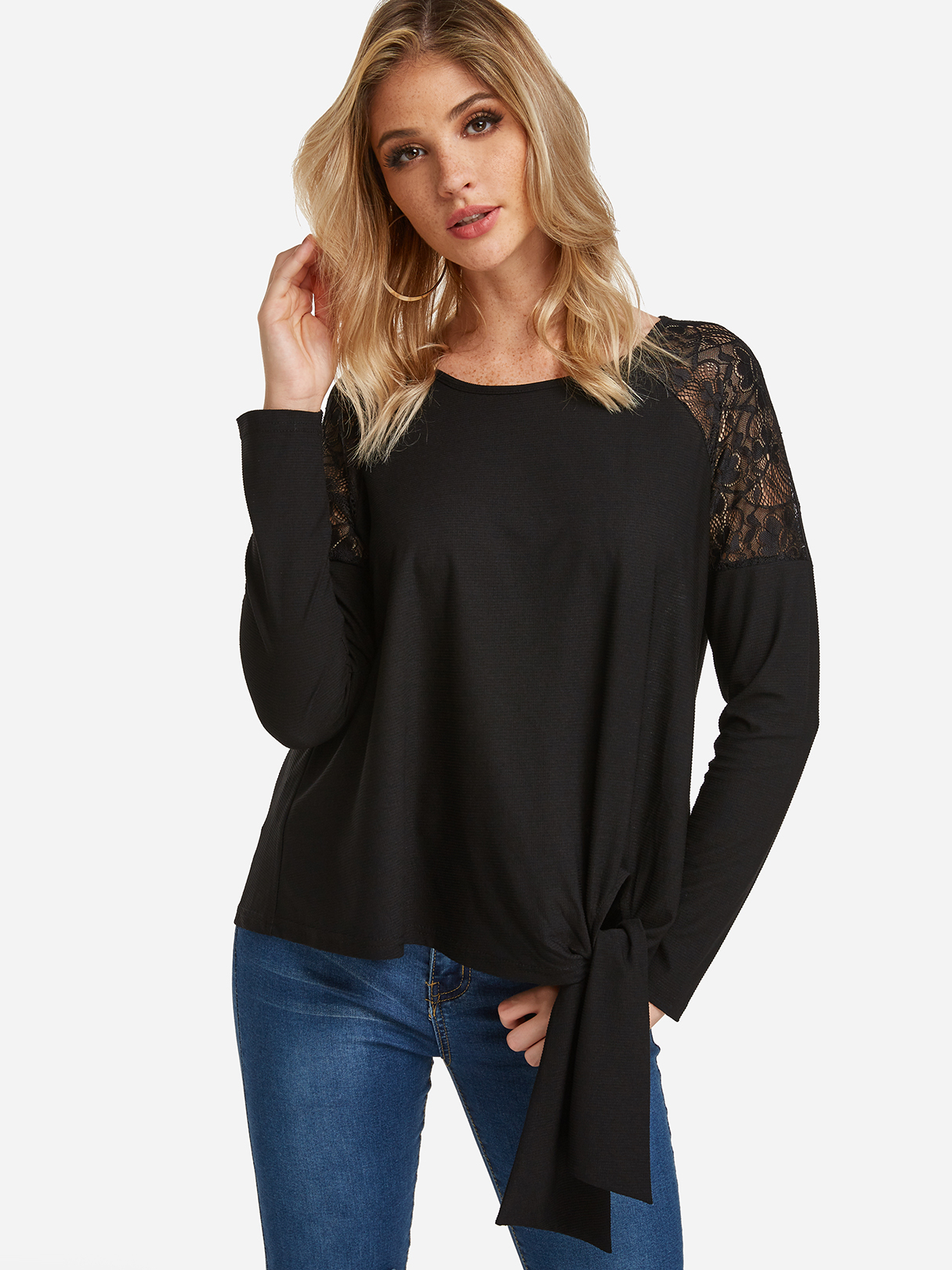 Black Lace Details Plain Round Neck Long Sleeves Tee