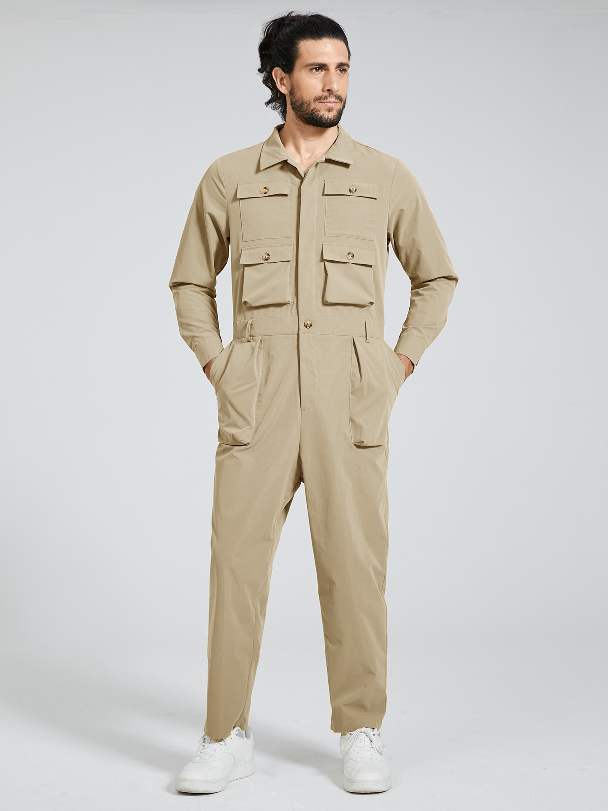 Men Fashion Plain Multi-pocket Long Sleeve Overalls Jumpsuit