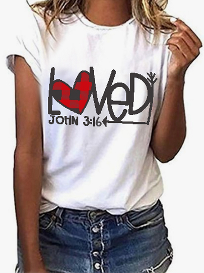 YOINS White Plaid Heart & Letter Print Crew Neck Short Sleeves Tee