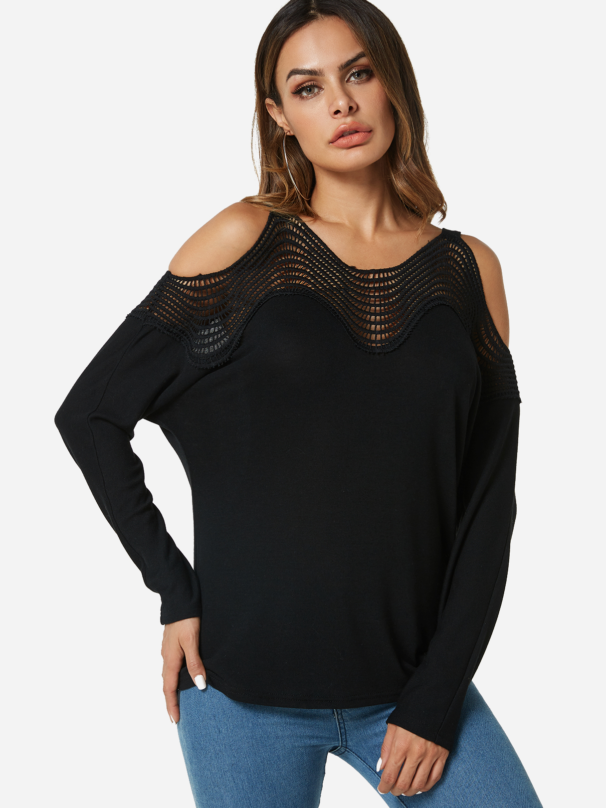 Black Hollow Cold Shoulder Fashion T-shirt