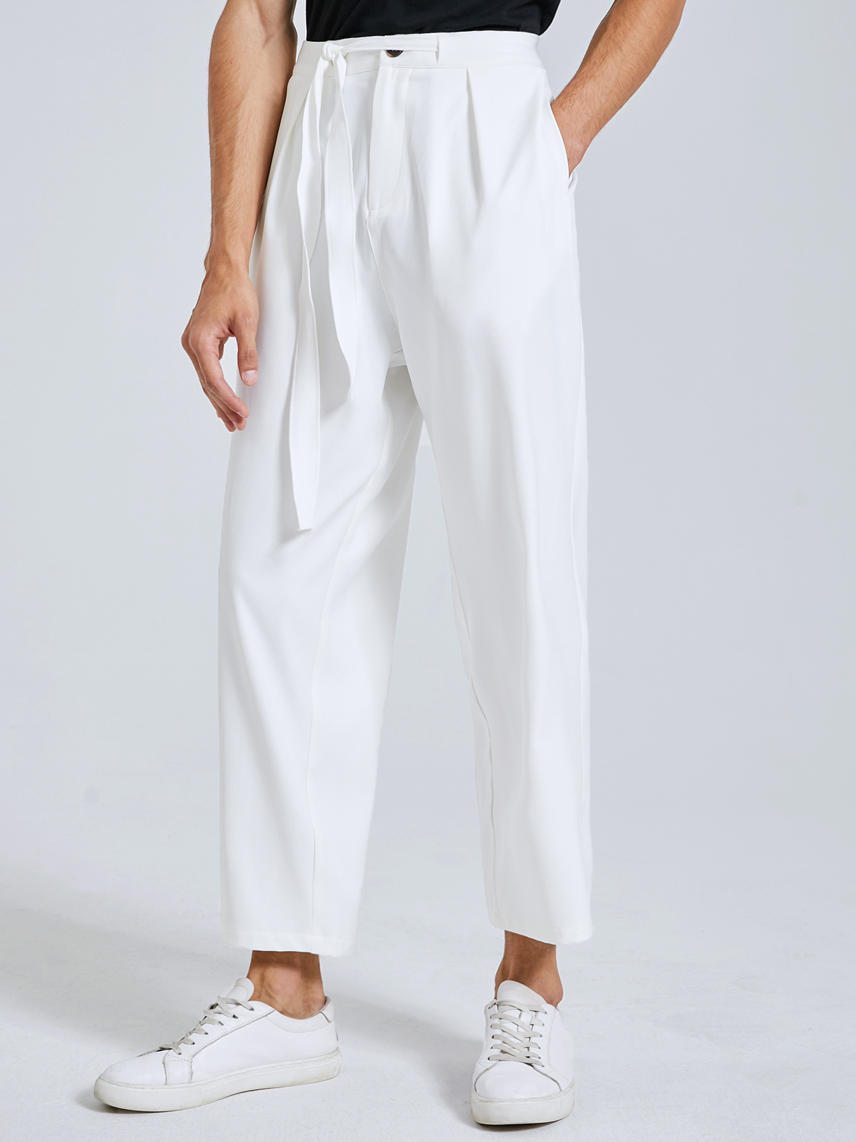 Men Fashion Knotted Belt Design Wide Leg High Waist Gurkha Pants