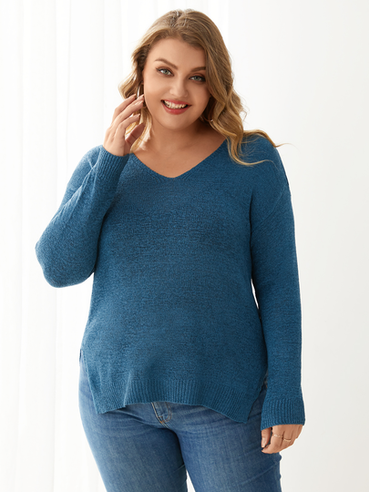 Plus Size V-neck Slit Design Long Sleeves Sweater