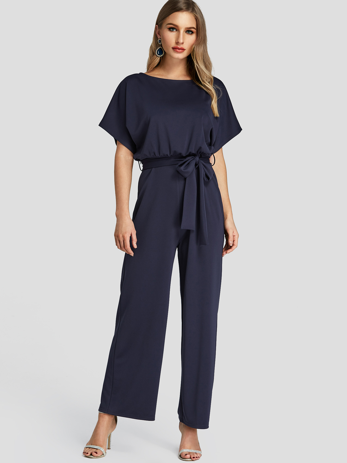 Navy High-Waisted Wide Leg Jumpsuit with Belt