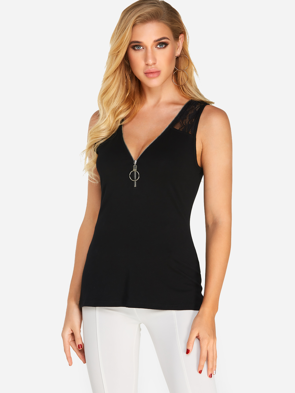 Black Zip Design V-neck Sleeveless Lace Trim Tank Top