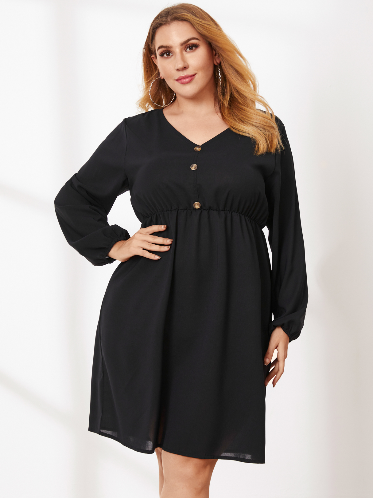 Plus Size V-neck Elastic Strap Long Sleeves Mini Dress