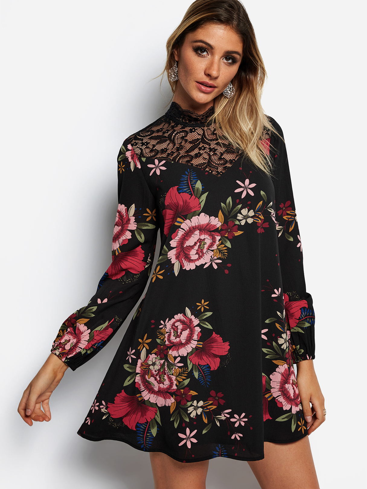 Black Lace Insert Random Floral Print Perkins Collar Long Sleeves Dress