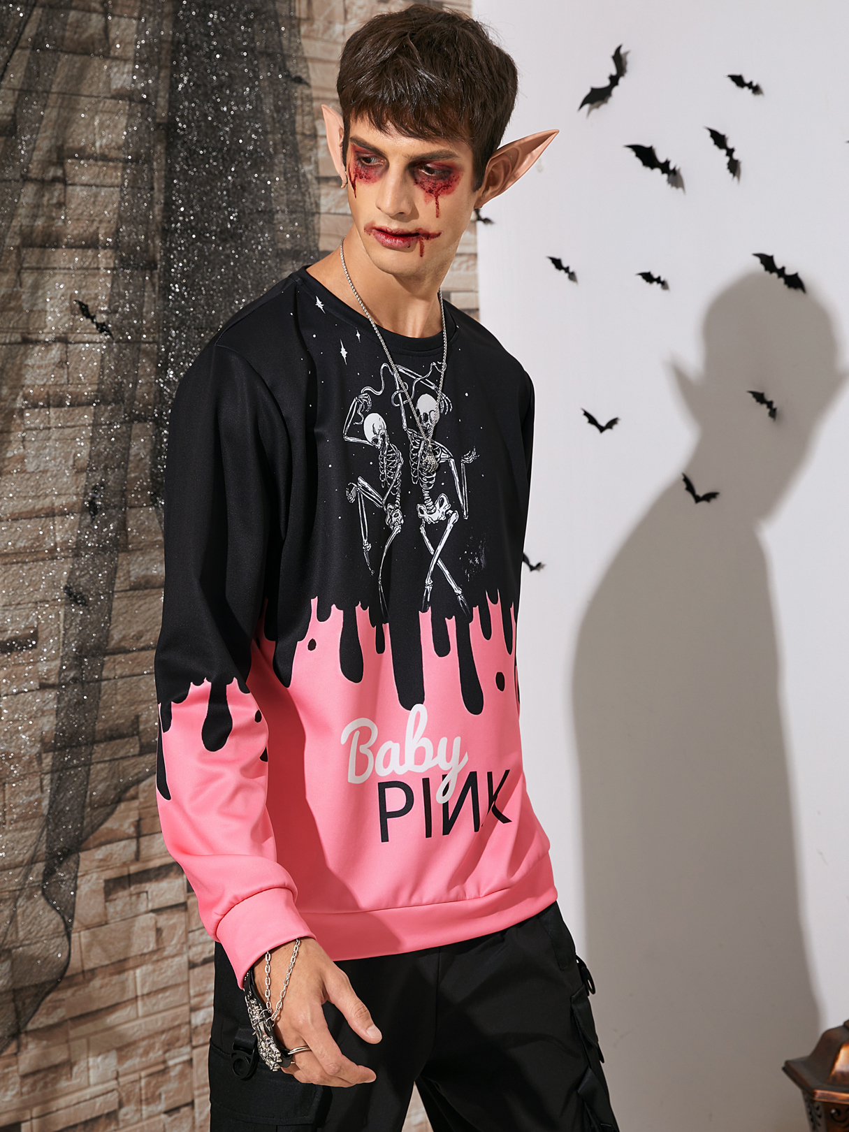 Men Halloween Letter Cartoon Skull Print Long Sleeve Sweatshirt