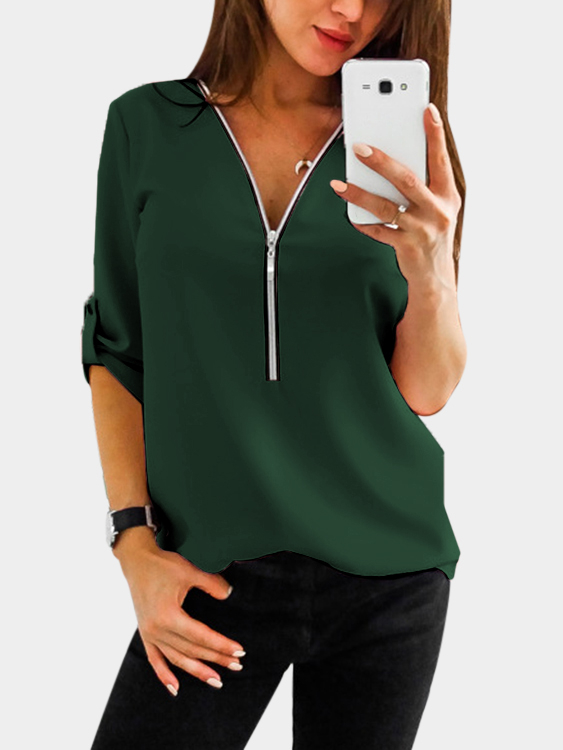 Green Zip Design V-neck Adjustable Sleeve Length Blouse