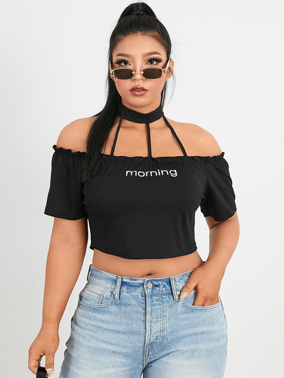 YOINS Plus Size Choker Neck Cut Out Backless Design Short Sleeves Blouse