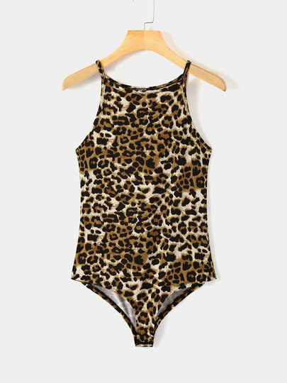 YOINS Brown Leopard Halter Bodysuit