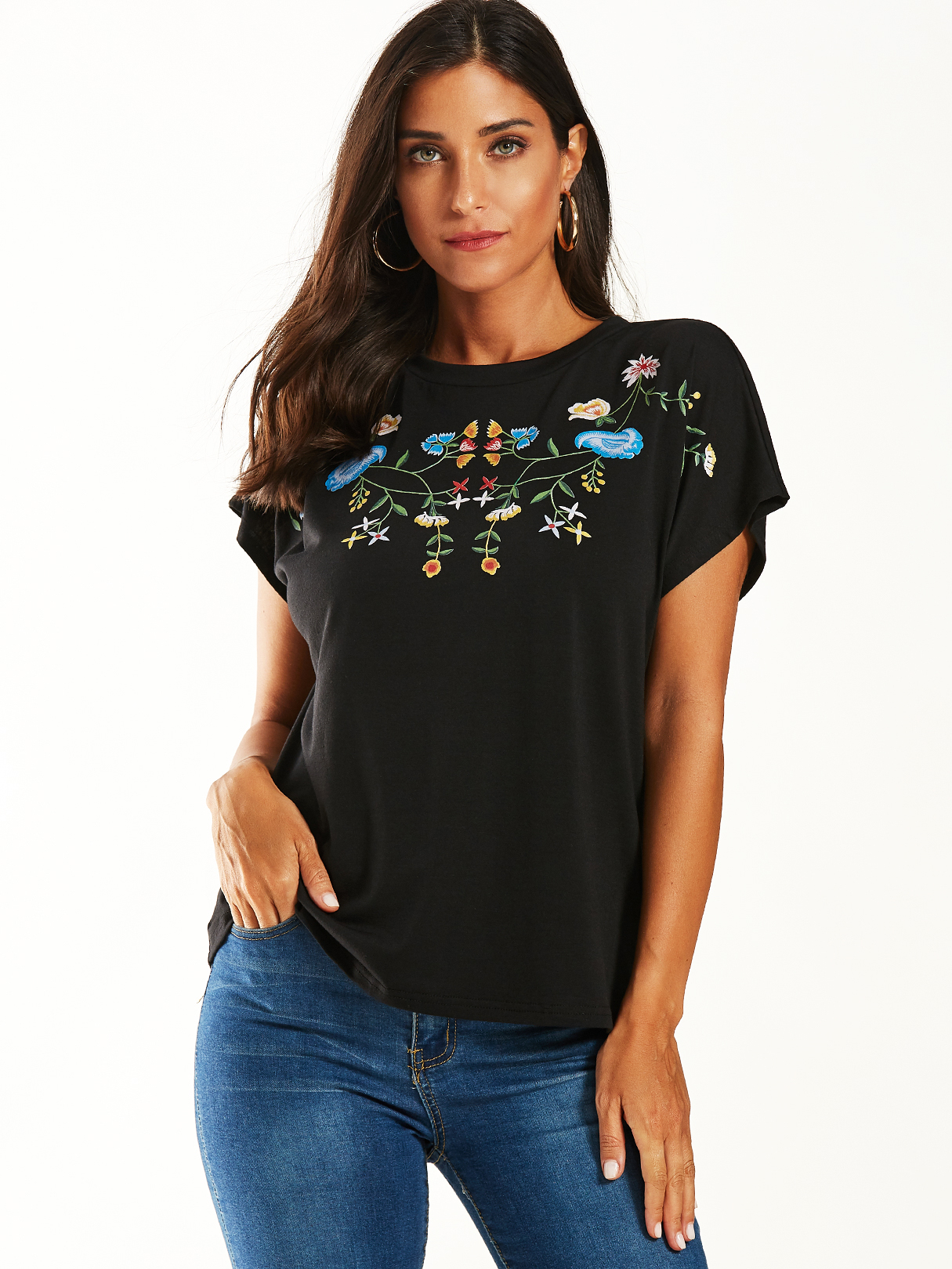 YOINS Black Jersey Triball Print Round Neck Short Sleeves Tee