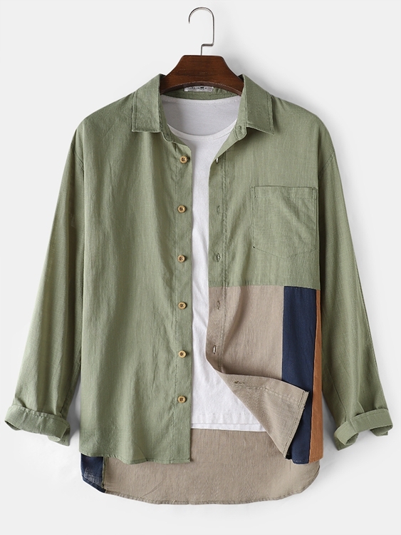 Newchic Men 100% Cotton Patchwork Pocket Shirts