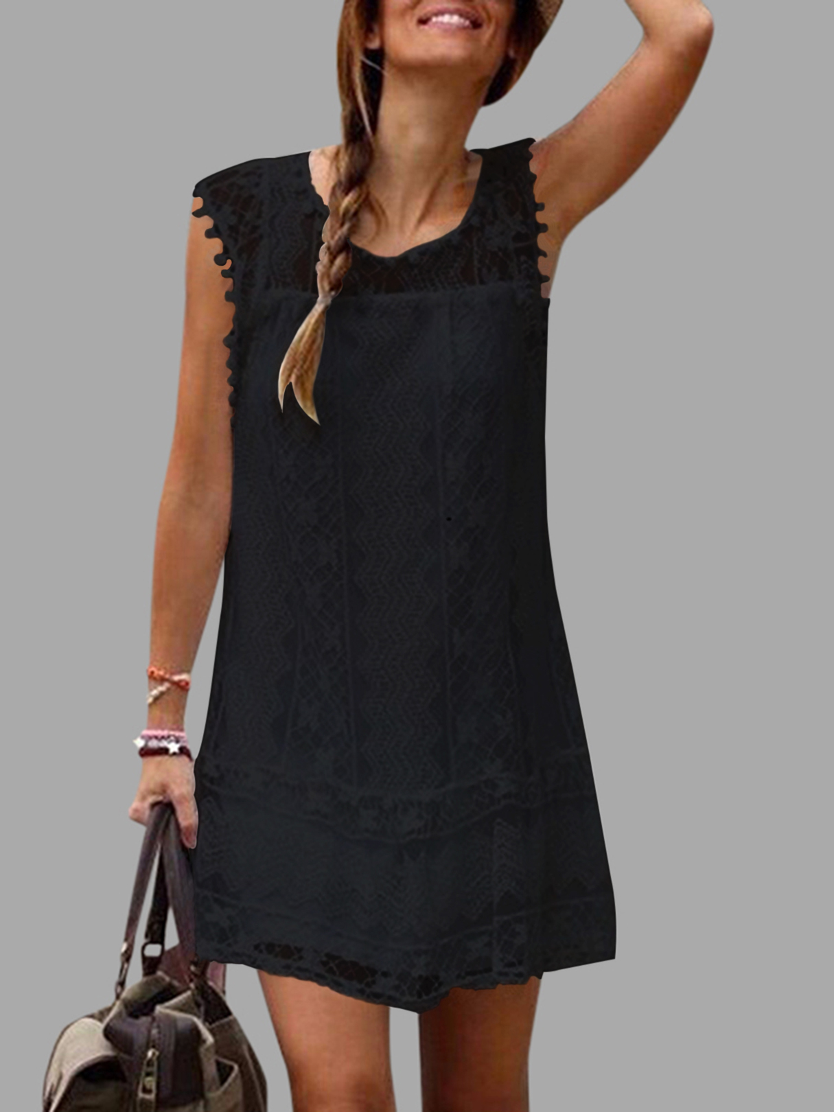 Black Lace Details Round Neck Sleeveless Dresses
