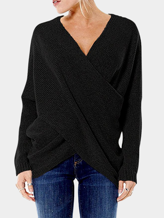 Black Cross Front V-neck Irregular Hem Jumper