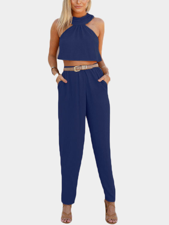 Dark Blue Sleeveless High Waist Halter Co-ord