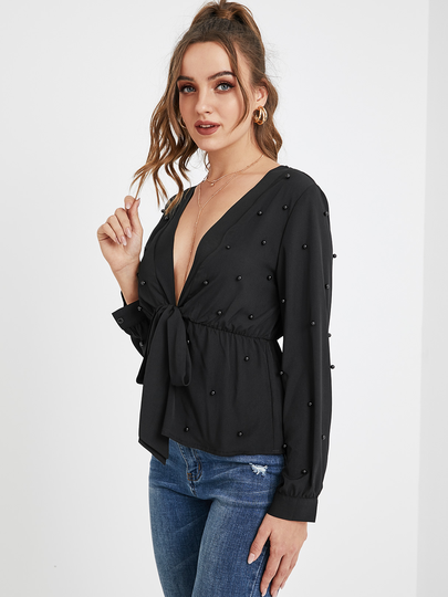 YOINS Black Pearl Knotted Chiffon Blouse