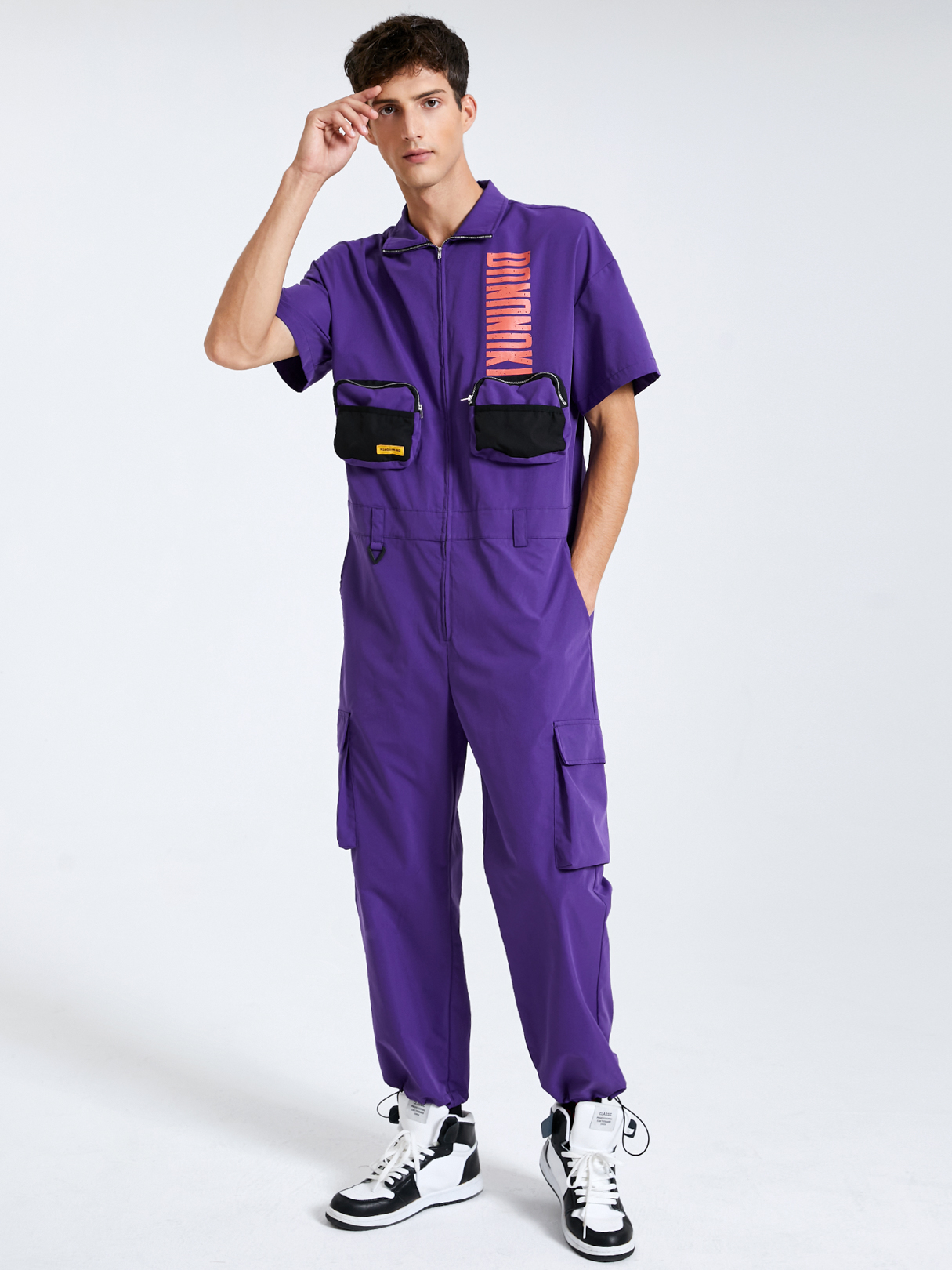 Men Hip Hop Style Letter Print Zip Front Short Sleeves Overalls Jumpsuit