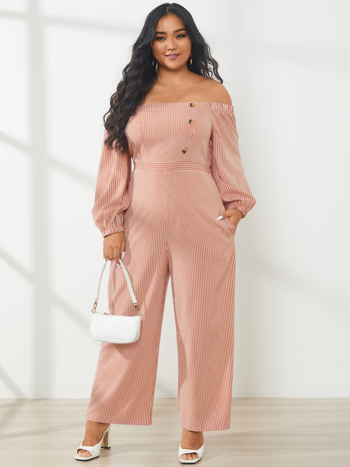 YOINS Plus Size Off The Shoulder Striped Button Design Long Sleeves Jumpsuit