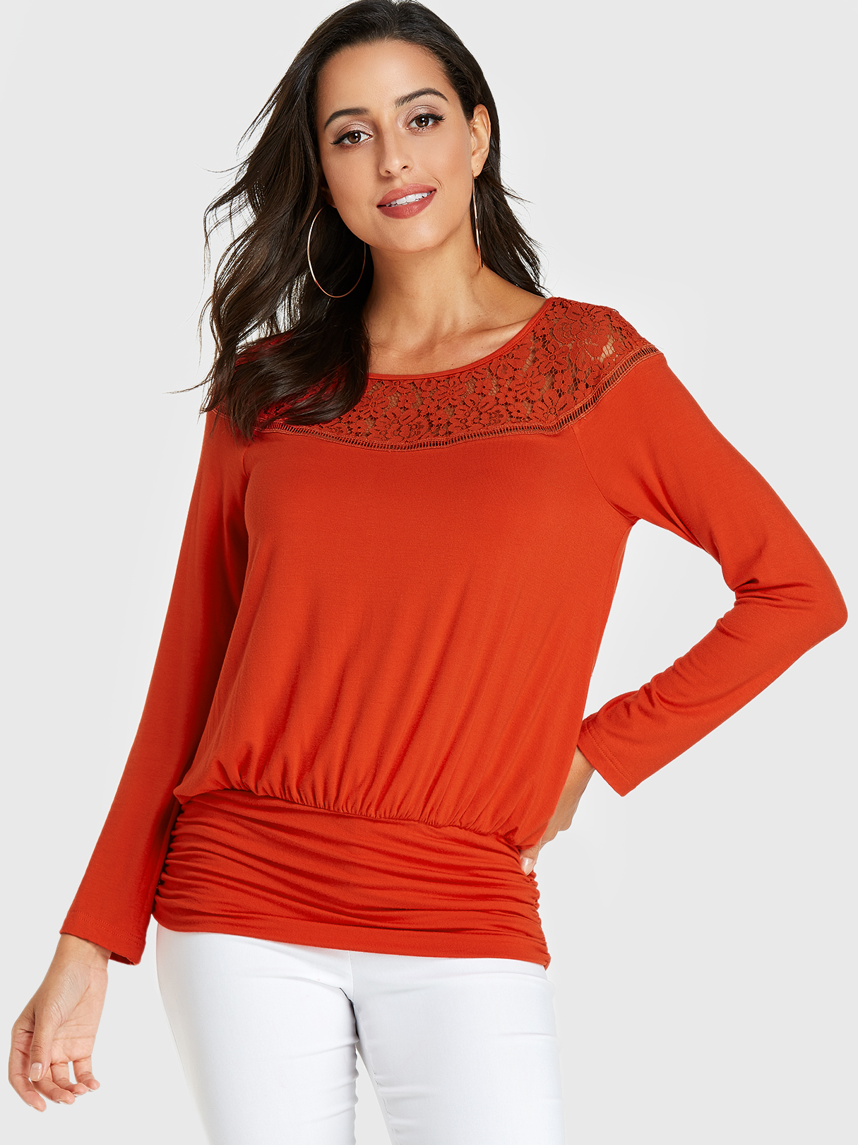 YOINS Orange Round Neck Lace Insert Elastic Waisted Tee