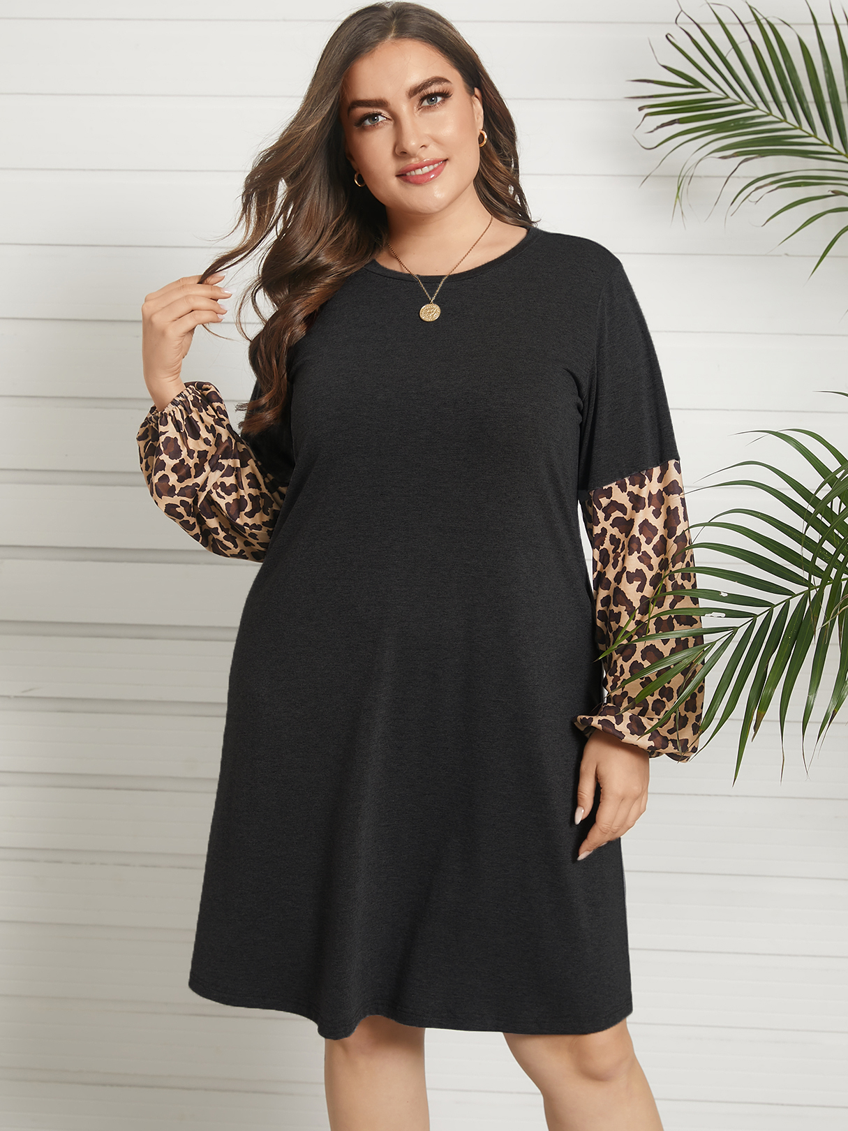 YOINS Plus Size Round Neck Patchwork Leopard Long Sleeves Dress