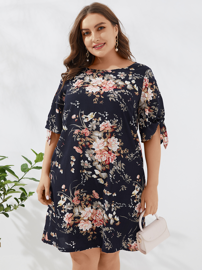 YOINS Plus Size Random Floral Print Short Sleeves Dress