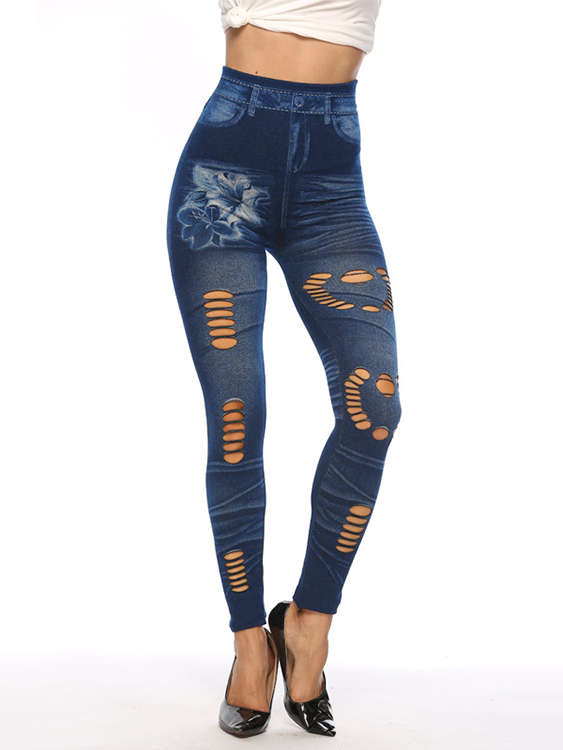 Blue Floral print Hollow Design Pants