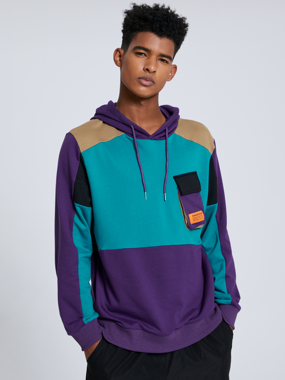 Men Multicolor Hooded Patchwork Pocket Splice Sweatshirt