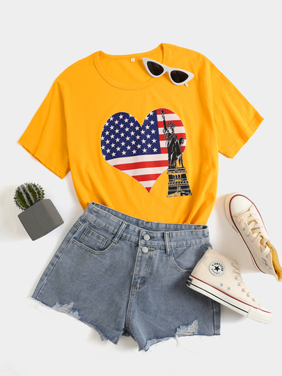 Plus Size Independence Day Crew Neck Star Short Sleeves Tee
