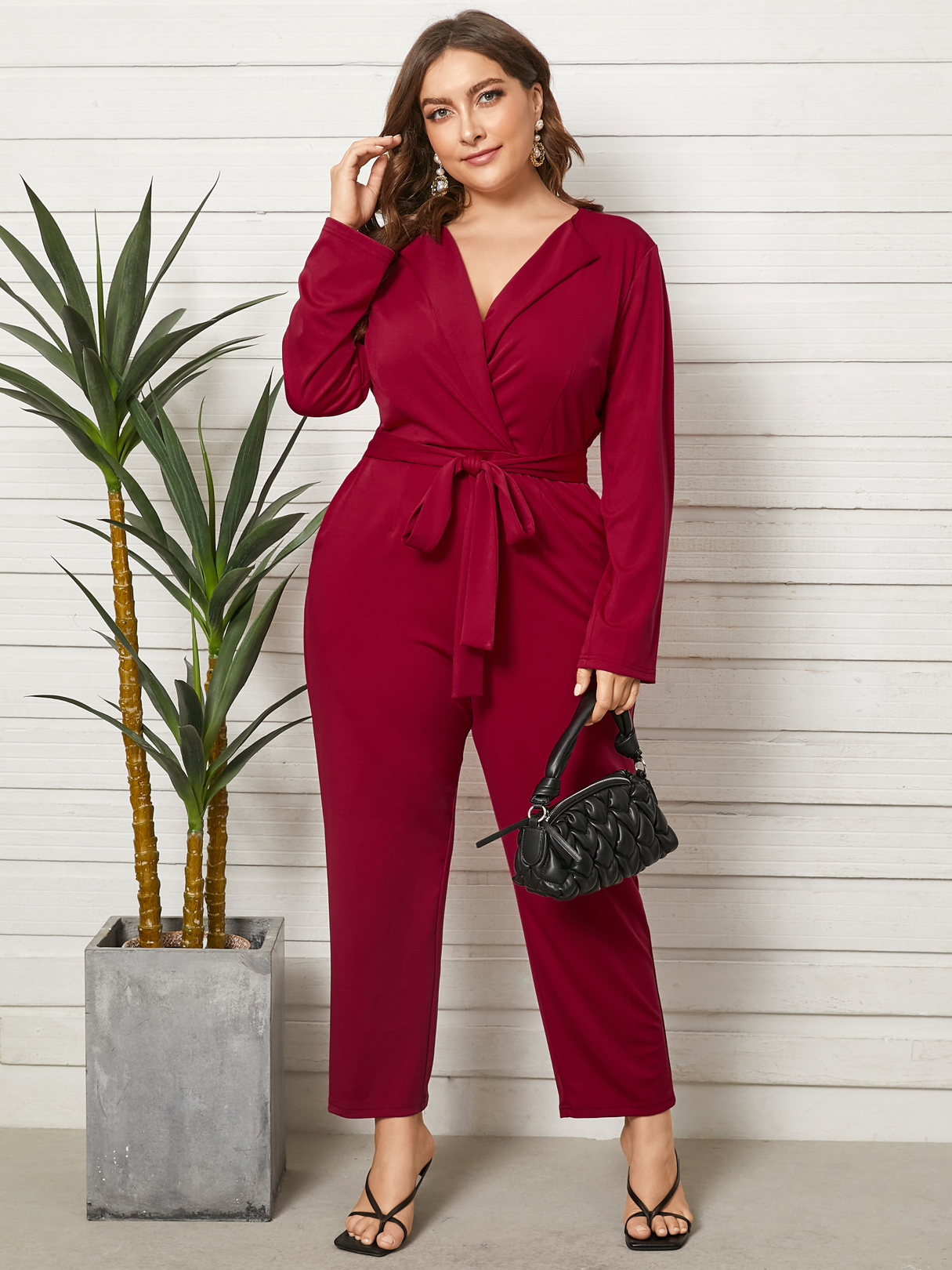 YOINS Plus Size Lapel Collar Tie-up Design Long Sleeves Jumpsuit