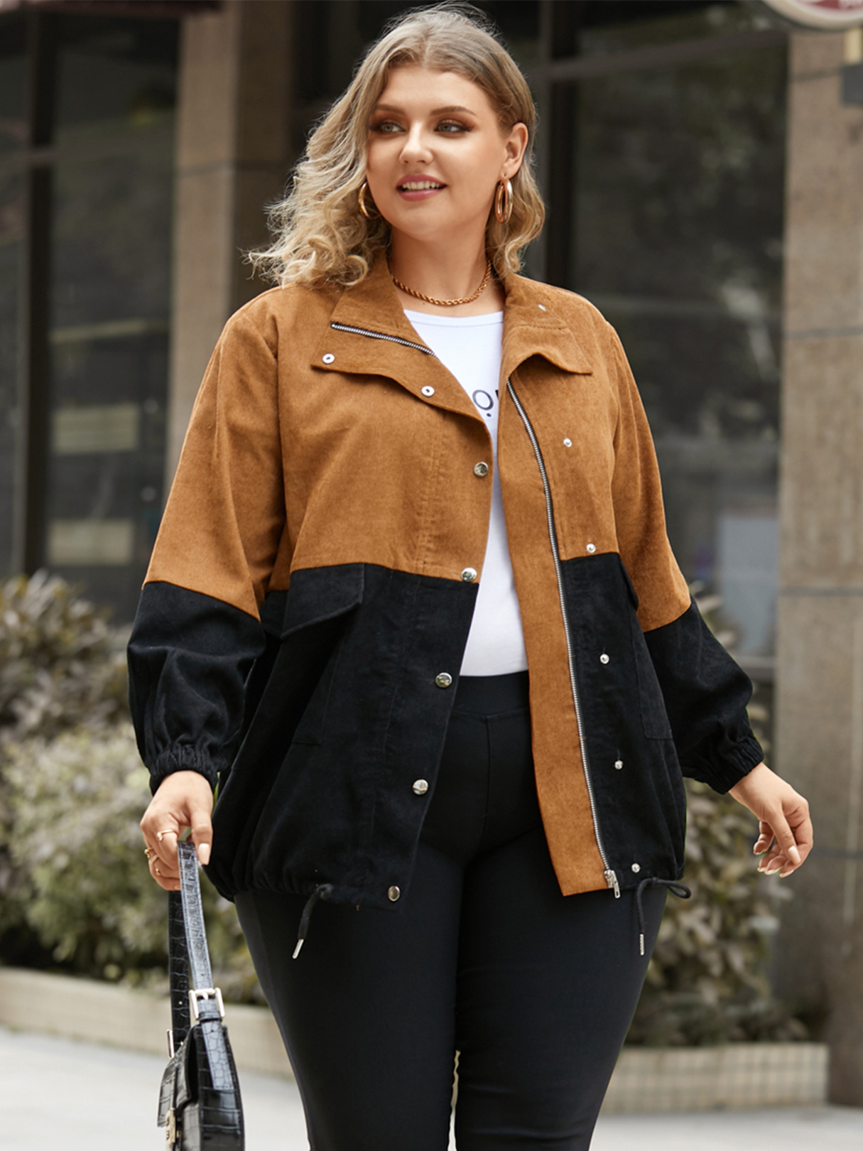 YOINS Plus Size Patchwork Button Design Zip Design Long Sleeves Coat