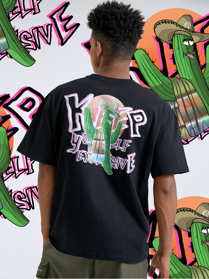 Men 100% Cotton Comfortable Back Cartoon Cactus Graphic T-shirt